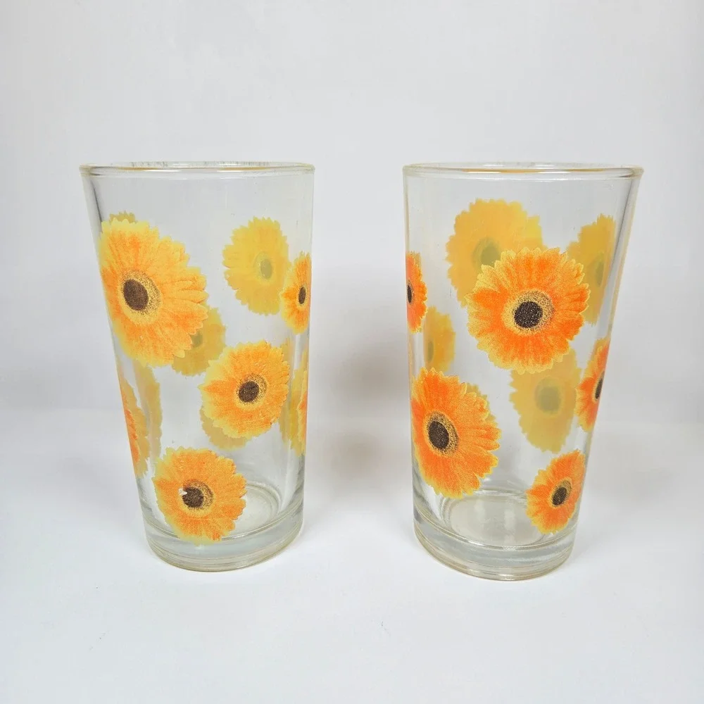 Vintage KIG Indonesia Sunflowers Daisies Drinking Glass Tumblers 10oz Flowers FG